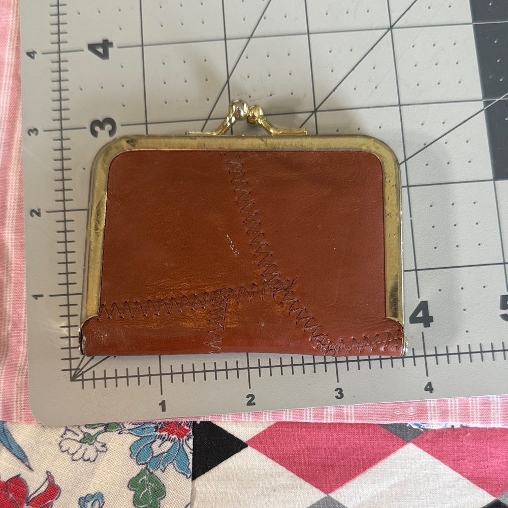 Vintage Sewing Kit in Brown Leather Clasp Purse